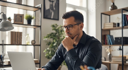 Man working on laptop at home office thoughtful businessman using computer for online work and business