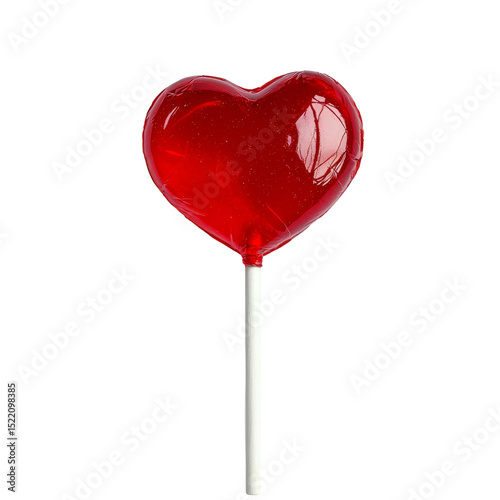 Vibrant red heart shaped lollipop on white stick, symbolizing love and sweetness, perfect for celebrations and gifts