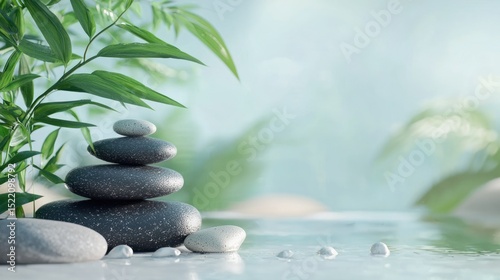 A serene, tranquil scene featuring a stack of black pebbles and green leaves on a smooth, reflective surface, with a blurred, ethereal background of water and light.