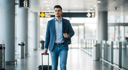 Business traveler walking in airport terminal with suitcase and shoulder bag for travel and business trips