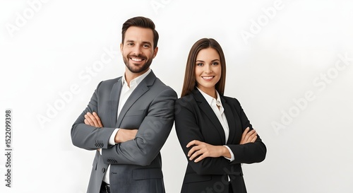 Portrait of confident business team man and woman in suits standing back to back on white background