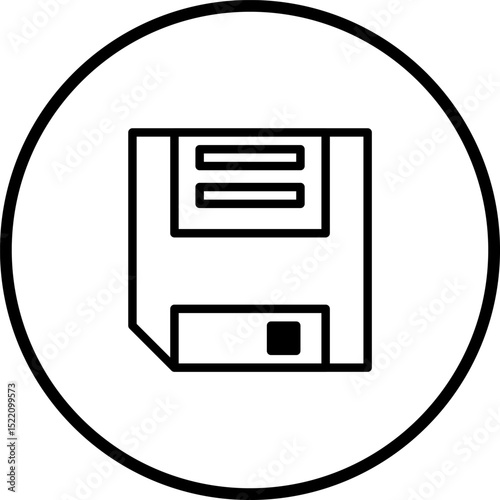 Simple line art icon of a floppy disk inside a circular frame illustration