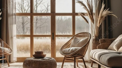 A Scandinavian-inspired living room with neutral tones, soft textures, dried pampas grass in a ceramic vase, and a rattan armchair beside a large window with sheer curtains.
