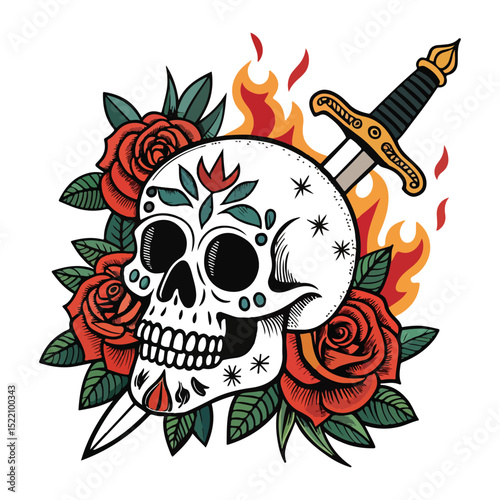 Flaming Skull and Roses Tattoo Art Sword Ink Design Illustration