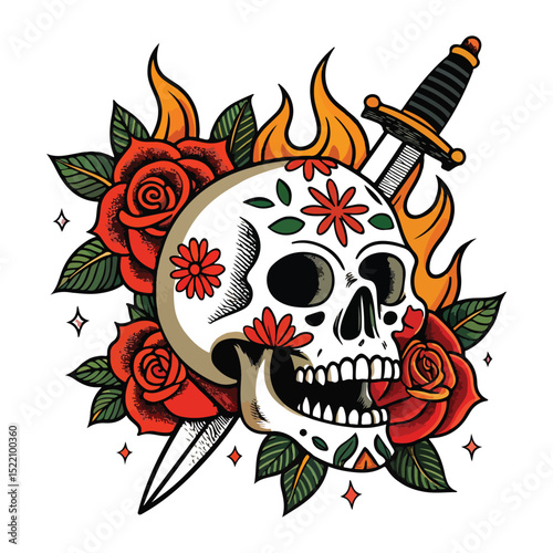 Flaming Skull and Roses Tattoo Art Sword Ink Design Illustration