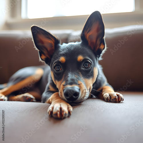 Curious prague ratter dog is lying on a sofa, looking forward