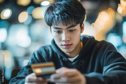 Technology and finance, young Asian pressing card digits in focused mood