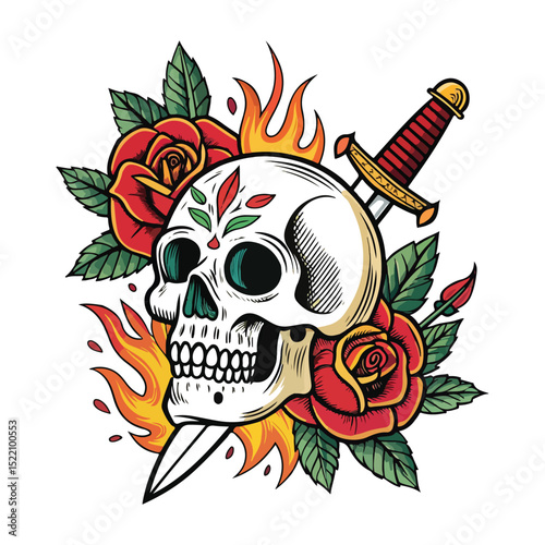 Flaming Skull and Roses Tattoo Art Sword Ink Design Illustration