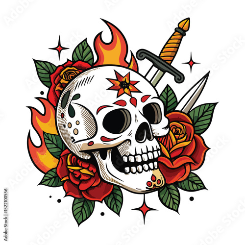 Flaming Skull and Roses Tattoo Art Sword Ink Design Illustration