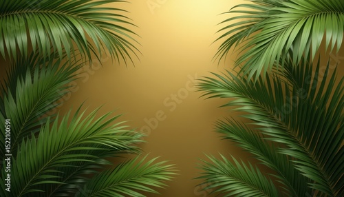Luxury Tropical Palm Fronds on Smooth Gold Background Photorealistic Stock Image