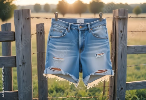 Ripped jean shorts woman casually draped over a weathered wooden fence in a rural farm setting, golden hour.
