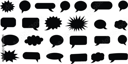 Collection of various black speech bubble shapes for communication and dialogue on white backgrounds