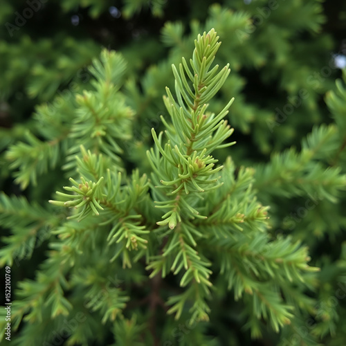 Thuja occidentalis close-up. Green thuja tree branches, background.