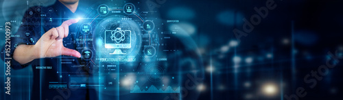 Photos Businessman touching EDUCATIONAL TECHNOLOGY icons enhances learning, integrates digital tools, promotes innovation, supports collaboration, and transforms traditional education methods effectively