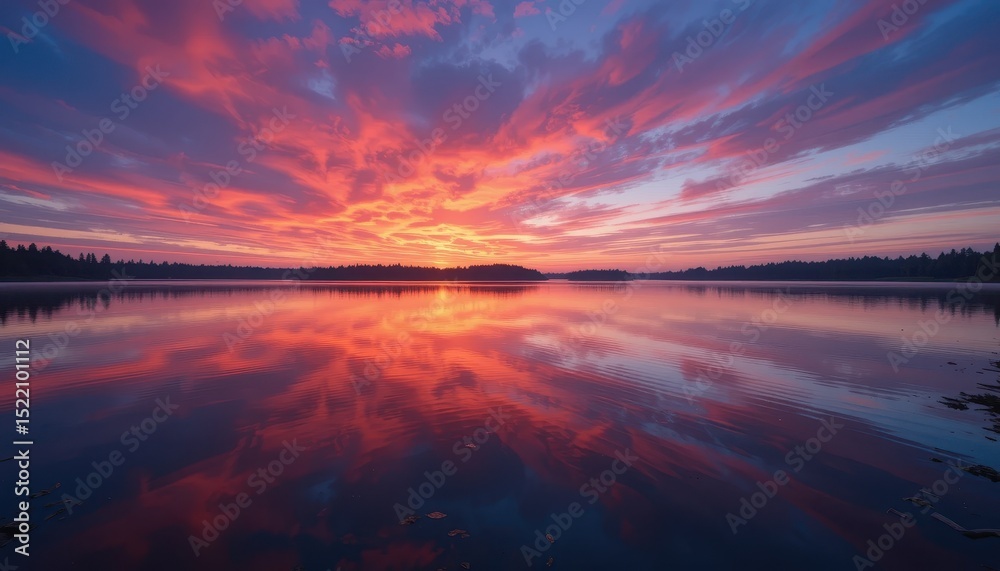 Fototapeta premium Fiery Sunset Reflection on Calm Lake Dreamy Landscape Photography