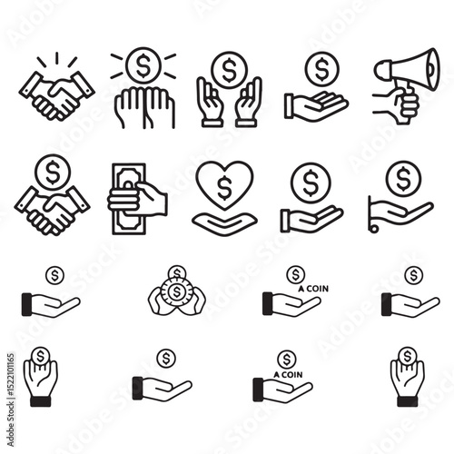 Collection of black and white finance icons symbolizing financial concepts charity and success including handshake hands money and coin symbols