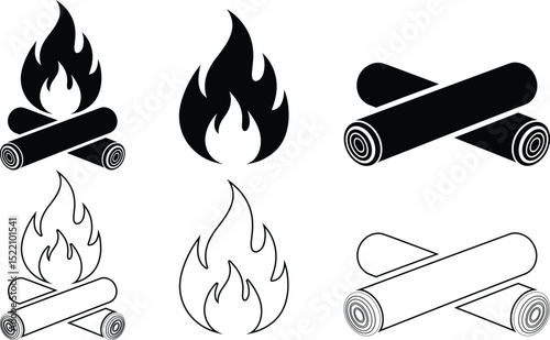 fire flat line icons, flames, flame of various shapes, bonfire vector illustration