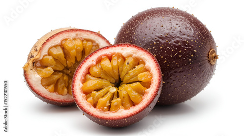 Ripe passionfruit whole and two halves with mixed pulp isolated on white background.