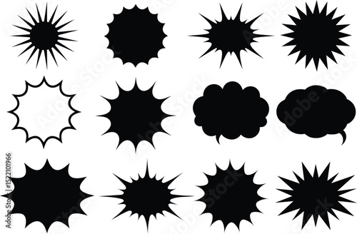 Collection of black and white speech bubbles and burst elements for comic book designs