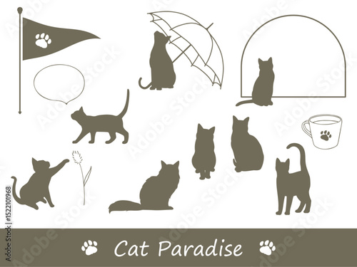 シンプルで可愛い猫のシルエットの手描きイラスト素材セット
