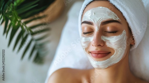 A serene woman with a towel on her head, lying on a white towel with a green plant in the background. photo