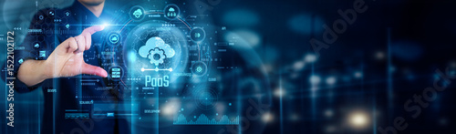 PaaS. Businessman touching PLATFORM AS A SERVICE icons uses cloud-based tools to develop, deploy, and manage applications quickly without handling infrastructure, faster innovation and scalability. photo