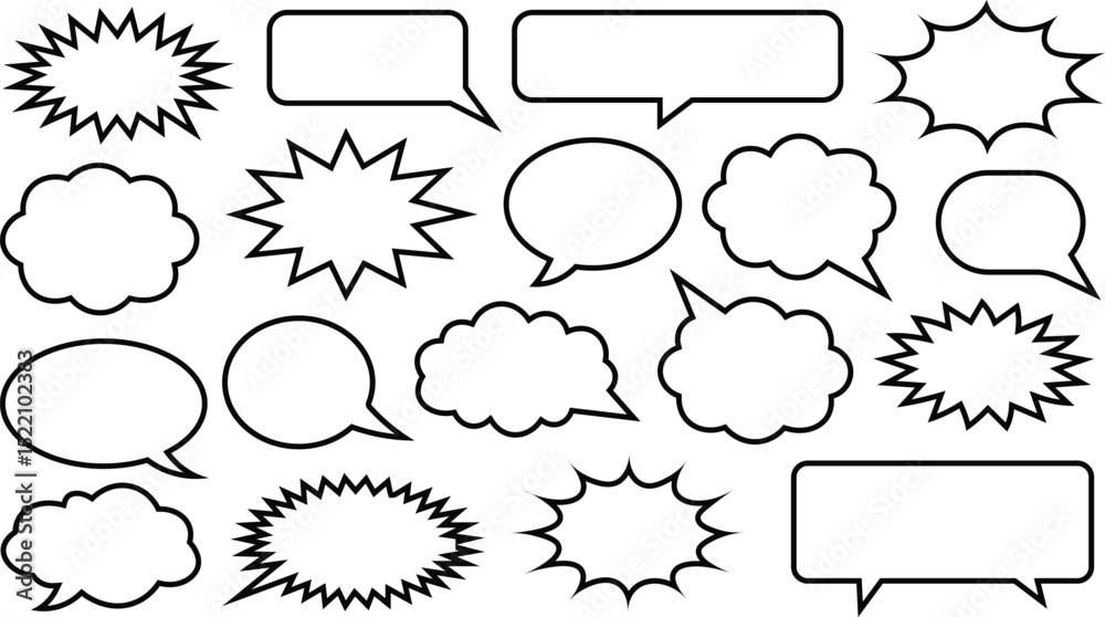 Obraz premium Diverse collection of black and white speech bubbles for comic book illustrations and designs