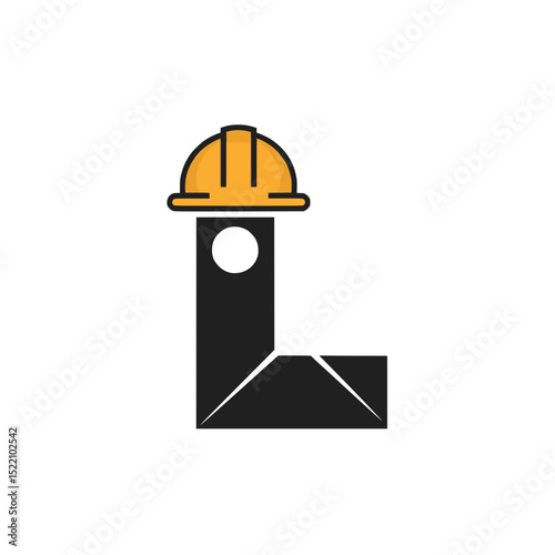 Letter L with Yellow Construction Helmet Icon, Simple vector logo of the letter L wearing a yellow hard hat, representing construction, safety, or labor branding concepts.

