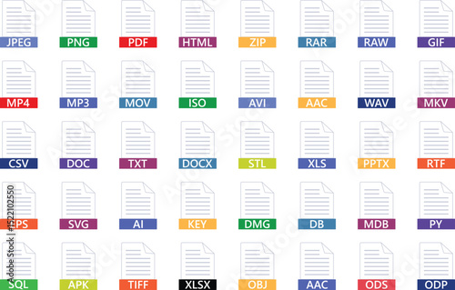 Various file formats with colorful labels representing digital document types and data.