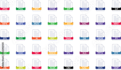 Various file type icons on documents with colorful ribbons for digital data representation
