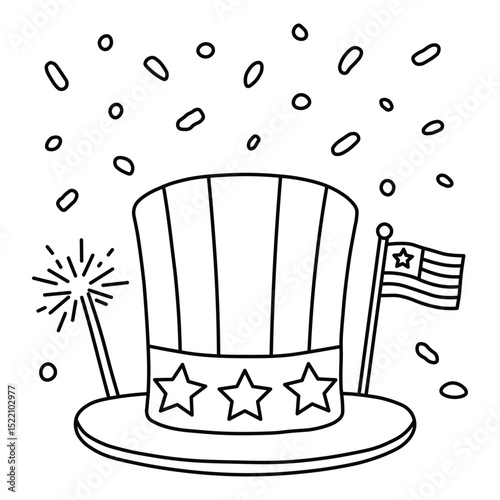 Patriotic Hat and Flag Coloring Page – 4th of July Line Art for Kids and Educational Use