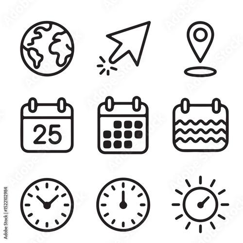 Modern black and white icon set featuring earth cursor location calendar time elements for websites and applications