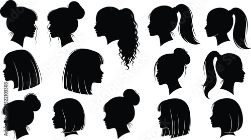 Woman heads in profile. Beautiful female faces profiles, black silhouette outline avatars, anonymous portraits with hairstyle vector set
