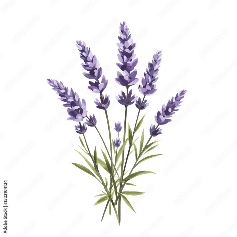 Naklejka premium Hand-drawn watercolor of a lavender bouquet with soft shading, vibrant purple colors, delicate and fresh on white background.
