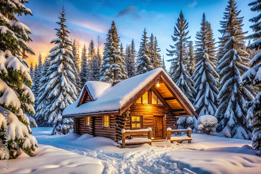 Naklejka premium A log cabin in the woods with a fireplace and a porch