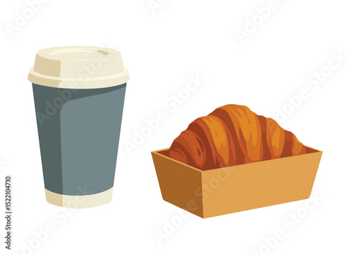Coffee cup and croissant illustration, Flat design, Vector file.