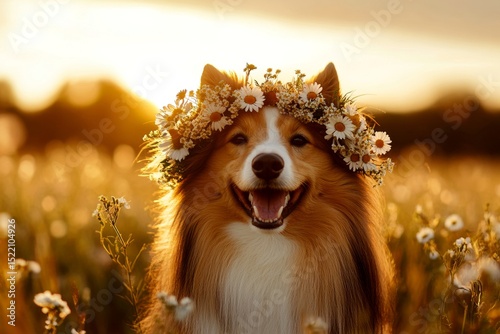 Golden hour in sunset. Sunny days happiness. Cute adult dog shetland sheepdog wearing savage flower crown on its head. Young puppy with natural elegance. Petâ€™s peaceful summer retreat.