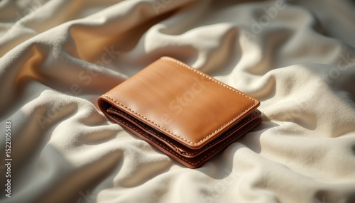 Brown leather wallet resting on soft fabric