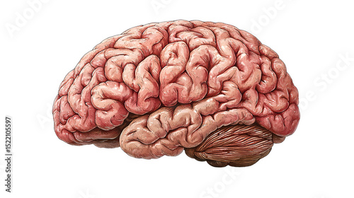 Detailed side view of a realistic human brain showing the intricate folds, grooves, and structure with a focus on the cerebrum and cerebellum in natural colors