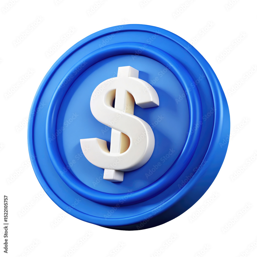 Fototapeta premium Dollar Currency Symbol on Blue Coin 3d icon in cartoon plastic style minimal isolated on transparent white background, clipping path