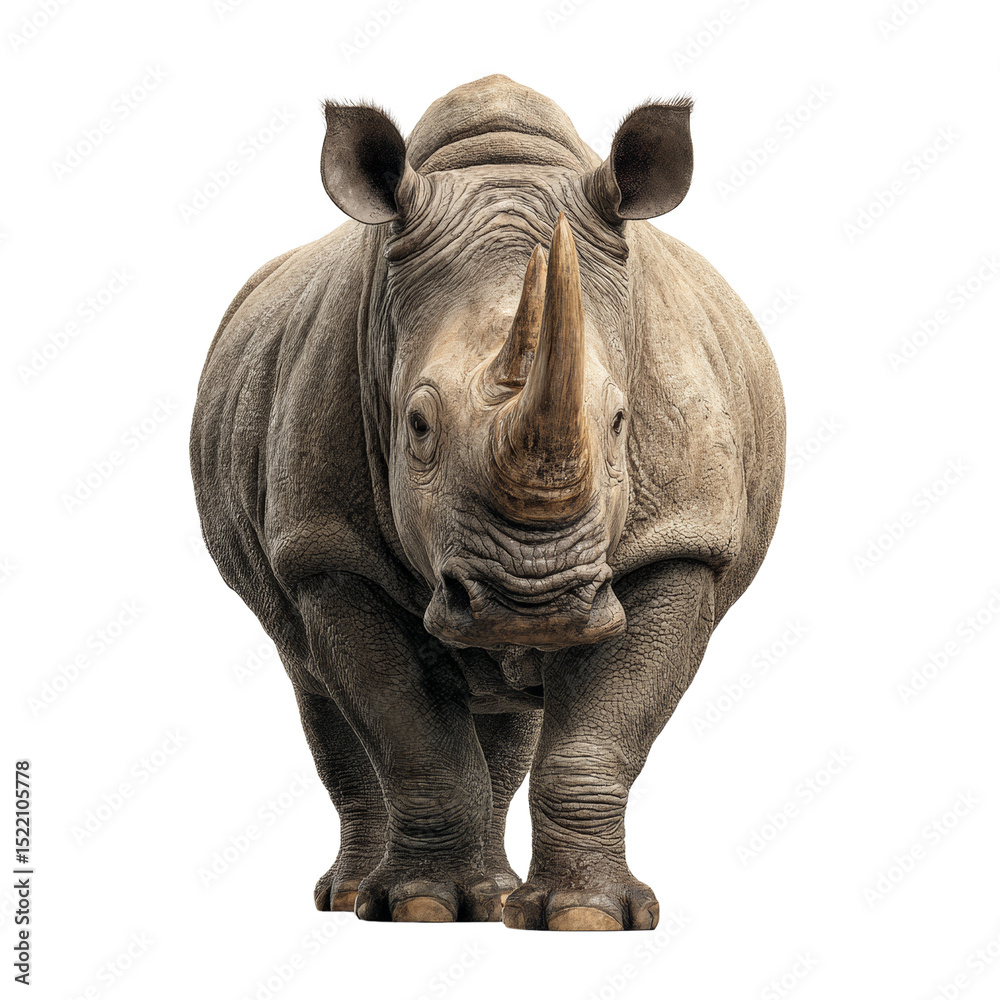Obraz premium Majestic rhinoceros standing tall on a pure white backdrop, close up