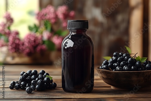 Berry Juice Bottle Mockup with Black Currants on Rustic Table

