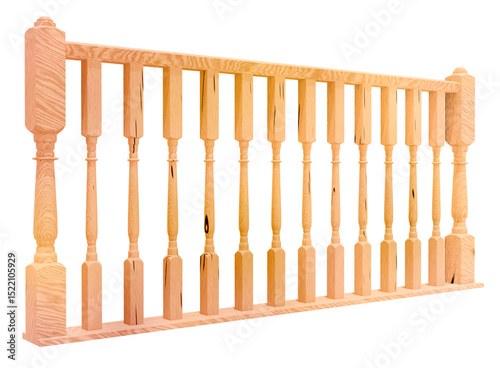 Ornate Wooden Balustrade: A 3D render showcasing a section of a light-colored wooden balustrade featuring intricately turned spindles and decorative newel posts at each end.