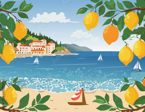 Seamless lemon from Italy print. Coastal Mediterranean sea hand drawn bg. Italian summer beach seamless pattern. Amalfi lemon coast stamp print. Watercolor vacation background.italy, illustration,