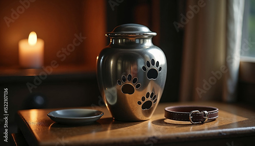  a metal pet ashes urn with paw prints and a pet collar on a wooden table
