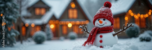 Christmas greeting card illustration with a snowman wearing a red hat and scarf