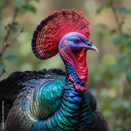 Vibrant ocellated turkey, Meleagris ocellata, displays iridescent plumage and distinctive red facial wattles in natural habitat,  wild animal, Meleagris ocellata