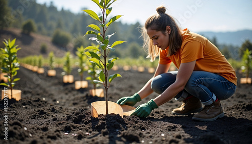Volunteer woman planting young trees in a field after a fire