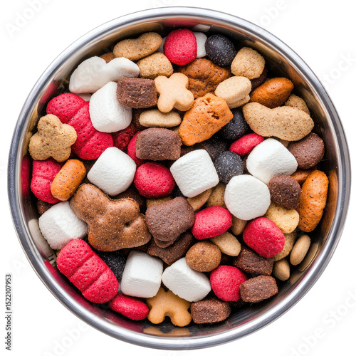 Colorful Assortment of Various Pet Treats in Round Metal Bowl