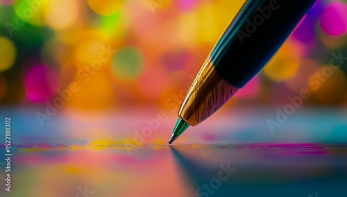 A close-up shot of a smooth ink pen held just above a sheet of paper, capturing the moment before writing begins - detailed, focused, precise, steady, creativity in motion.